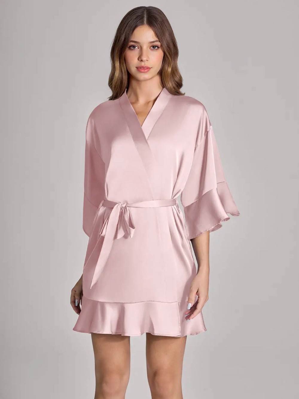 Azazie Ruffle Satin Robe in Soft Blush